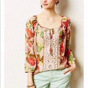 Anthropologie Meadow Rue Boho Mix Media Crochet Floral Top Size M